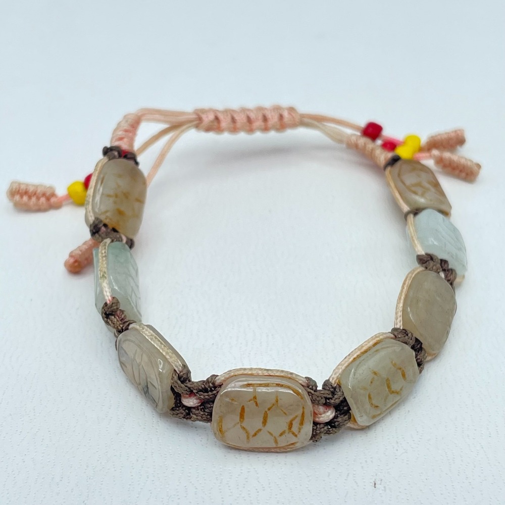 Shamballa-Inspired Natural Jadeite Jade Beads Adjustable Peach Cord Bracelet 90s